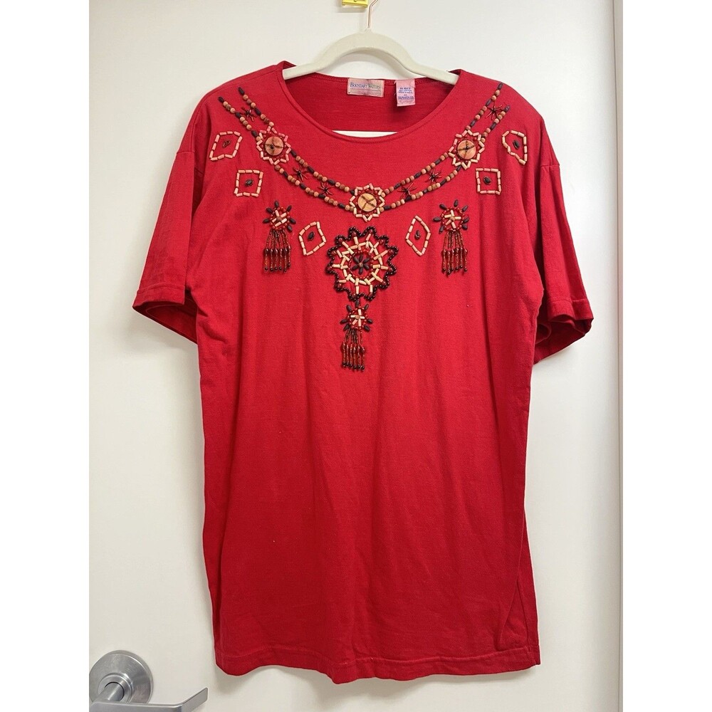 Vintage 90s Boundary Waters 100% Cotton Embroidery Red Women Short Sleeve Size M
